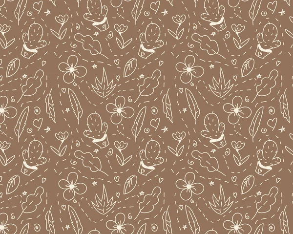 茶色の背景に花 植物やサボテンとシームレスなベクトルパターン 手描きのドアパターン — ストックベクタ