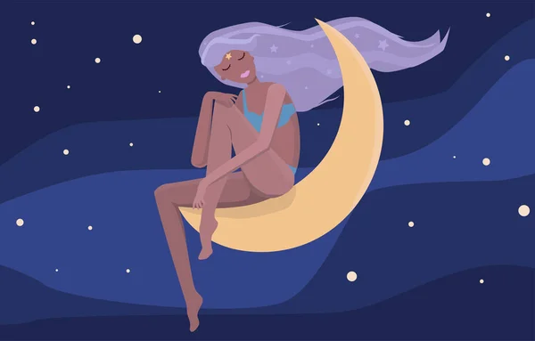 紫色の髪の若い女の子が若い月に座っている — ストックベクタ