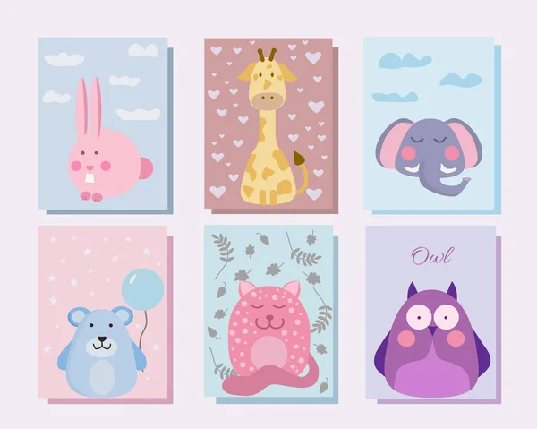 Conjunto Ilustrações Cartazes Com Animais Bonitos Decoração Para Quarto Crianças — Vetor de Stock
