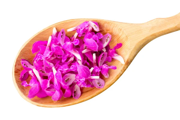 Delicados pétalos de flores de color rosa brillante en una cuchara de madera vista de cerca desde arriba aislado sobre fondo blanco — Foto de Stock