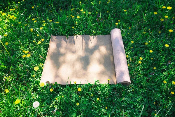 Yoga mat on a green meadow on a summer sunny day — Stock Photo, Image