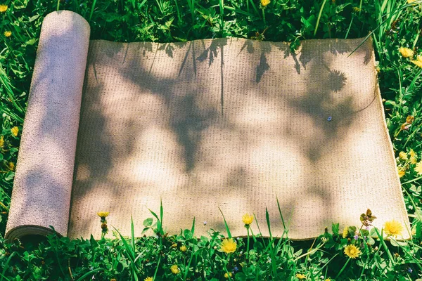 Bir yoga mat, bir yaz güneşli bir günde yeşil bir çayır üzerinde bir turist halı — Stok fotoğraf