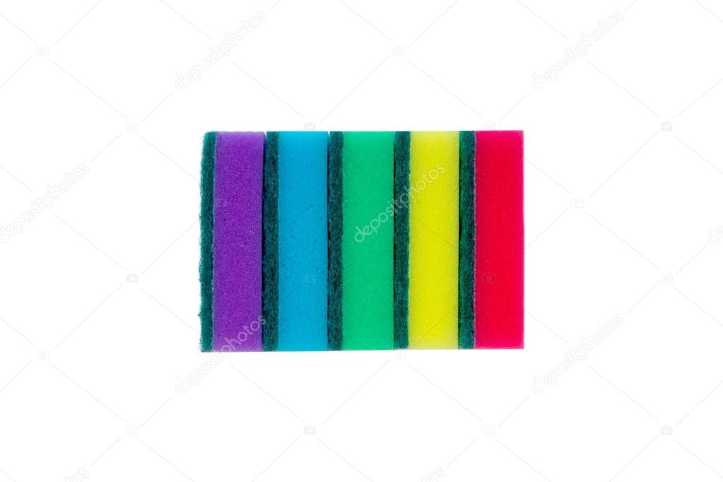 colorful sponge for wet cleaning and washing dishes isolated on white background, top view