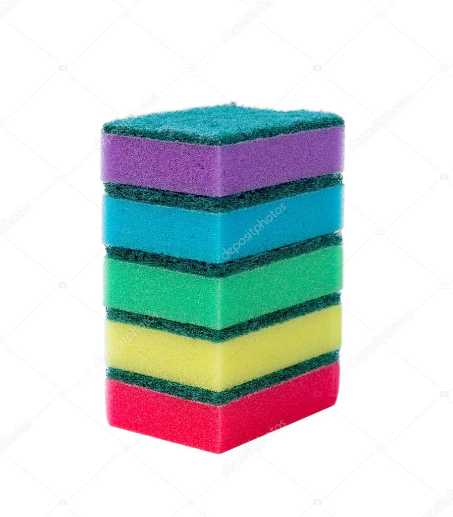 pile of colorful sponge for wet cleaning and washing dishes isolated on white background, front view
