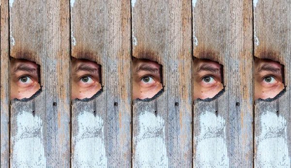abstract collage of the human eye, voyeur spying through a hole in the old wooden fence