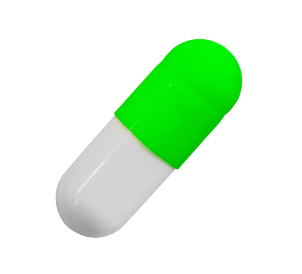 Een Gelatine Capsule Met Een Groene Dop Geïsoleerd Een Witte — Stockfoto