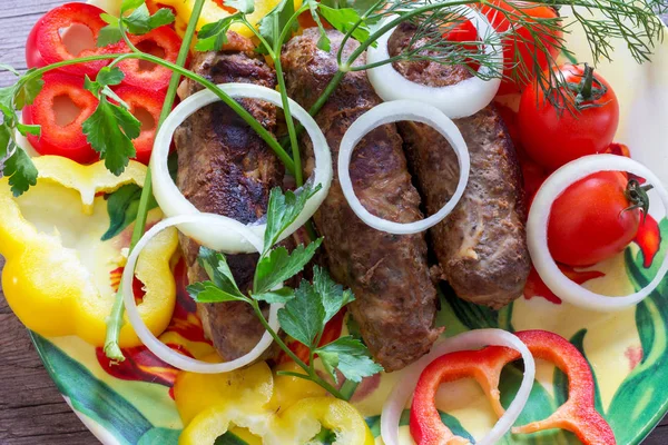 Lula Kebab Cerdo Ternera Plato Con Cebolla Picada Pimiento Morrón —  Fotos de Stock