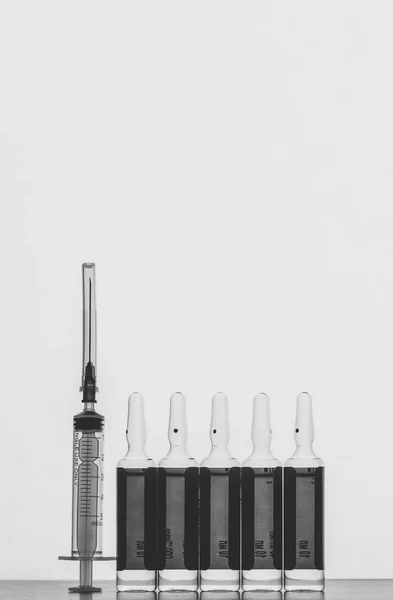 Disposable Syringe Ampoules Solution Injections Grey Background Space Text Black — Stock Photo, Image