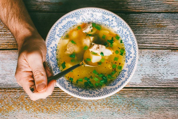 Man Eating Diet Chicken Soup Green Parsley Wooden Table Close — Stock Photo, Image