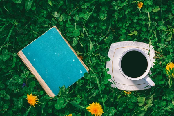 Eski Kitap Bir Fincan Sıcak Kahve Bir Yeşil Çayır Yaz — Stok fotoğraf