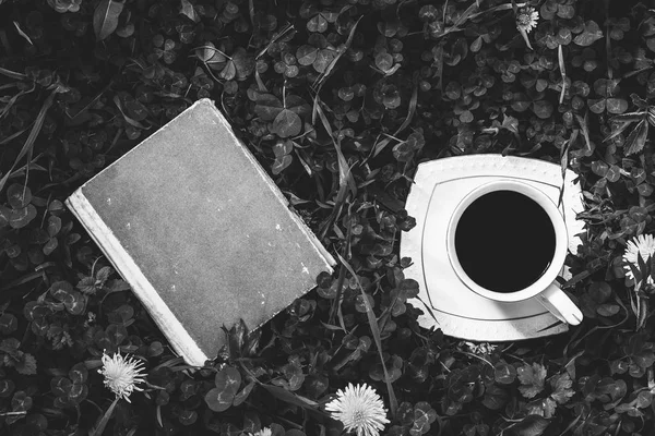 Libro Viejo Una Taza Café Caliente Una Vista Superior Verde — Foto de Stock