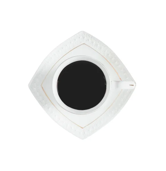 Черный Кофе Белой Керамической Кубок Блюдце Изолированы Белом Фоне Крупным — стоковое фото