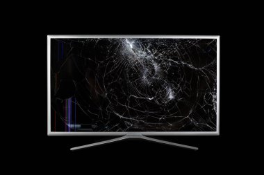 4k Uhd monitörü veya siyah arkaplanda izole edilmiş bozuk bir ekranda renkli çizgiler ve çatlaklar olan TV