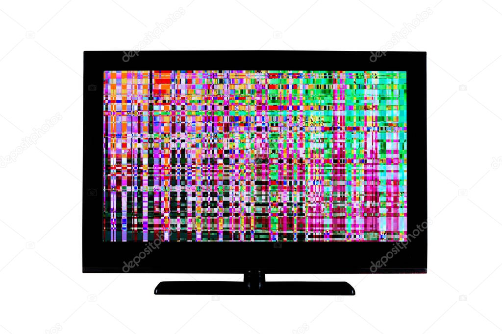 full hd monitor or TV with digital glitches, distortions on the screen isolated on white background