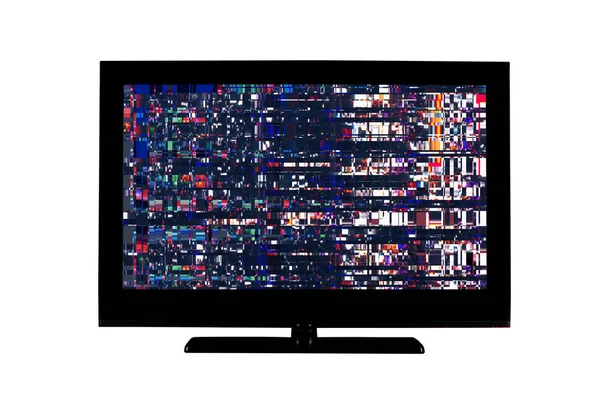 全Hd监视器或电视与数字故障 扭曲屏幕隔离在白色背景 — 图库照片