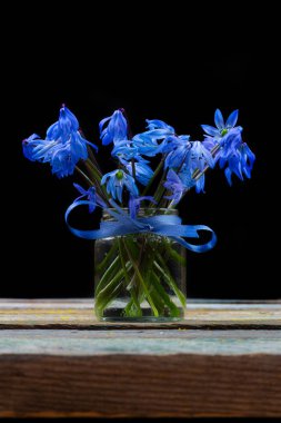 bir siyah arka plan closeup masaya üzerinde bir vazoda bluebell çiçek buketi