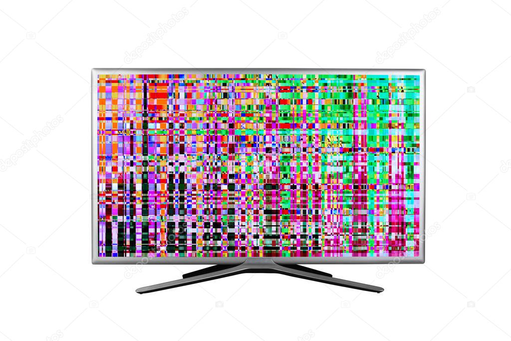 4K monitor or television with digital glitches, distortions on the screen isolated on white background