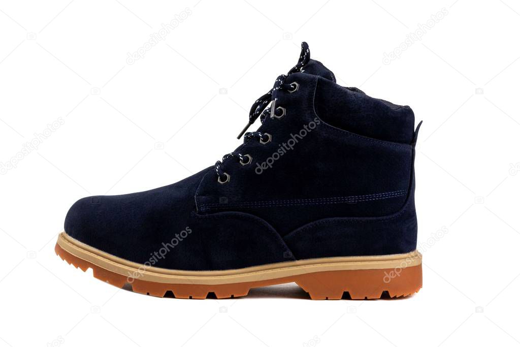blue insulated men's winter shoes isolated on a white background close-up side view