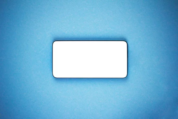 Mock Smartphone White Screen Blue Background Close Top View Vignette — Stock Photo, Image