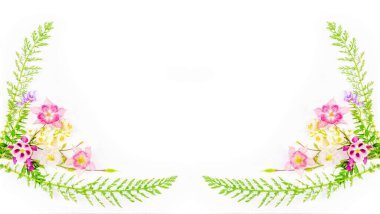 Bir buket pembe çiçeğin çerçevesi ve beyaz yasemin ve yeşil yapraklar üzerinde kopya alanı olan beyaz bir arkaplan