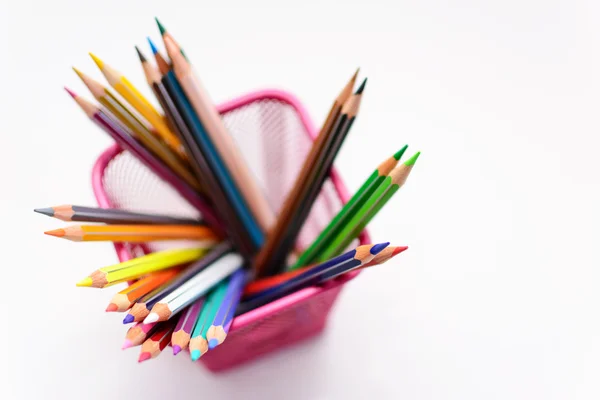 Colored pencils and sharp in penholder blurred — Stock Photo, Image