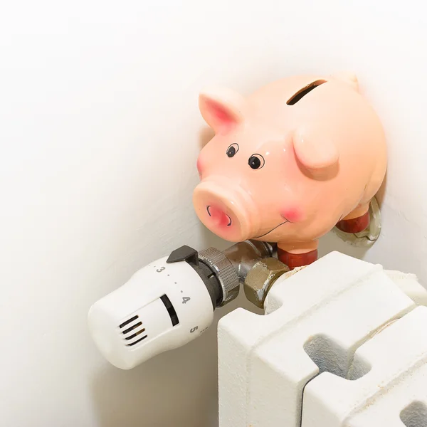 Hucha y la válvula del radiador para ahorrar energía — Foto de Stock