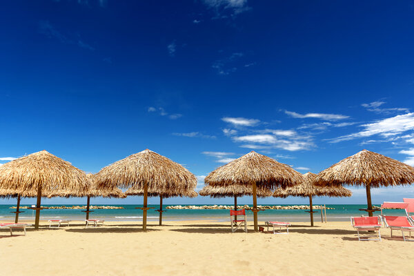 Palm umbrellas on the beach in a sunny day