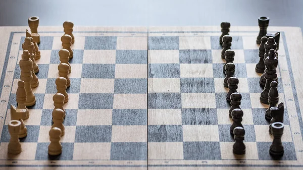 View Chess Board Chess Pieces Rustic Wooden Surface — Stock Photo, Image