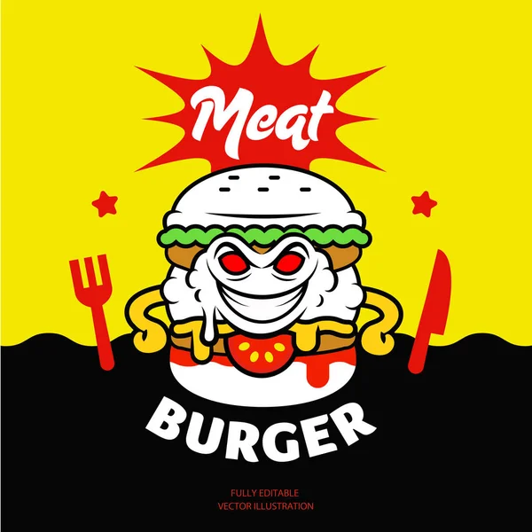 Comic Cartoon Vector Meat Burger Illustration — Stock Vector