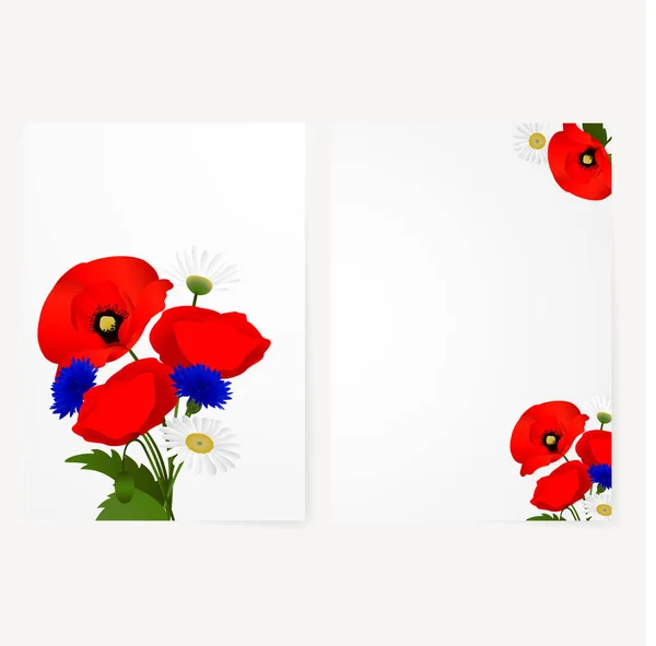 Tarjeta de plantilla con manzanilla, acianos y amapolas de flores rojas — Foto de Stock