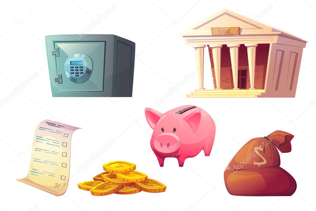 Saving money cartoon icon, piggy bank safe deposit