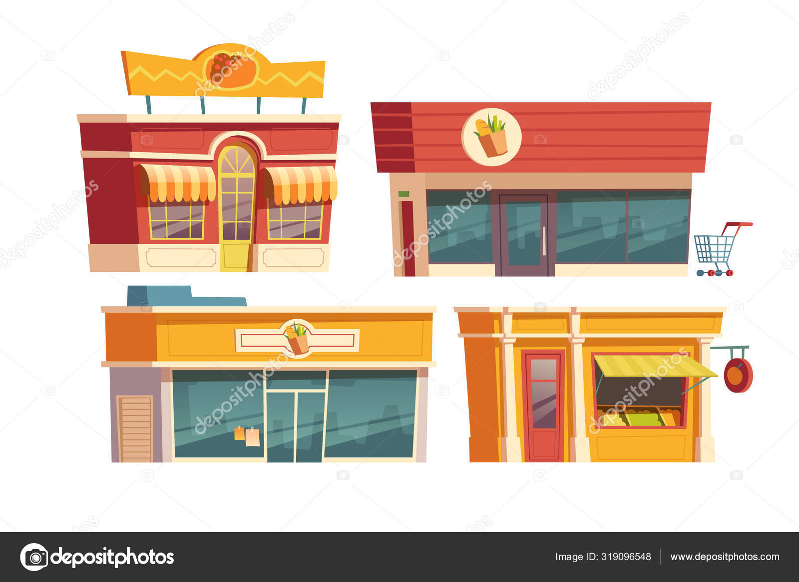 Ресторан быстрого питания и магазины строят мультфильмы Векторное  изображение ©klyaksun 319096548