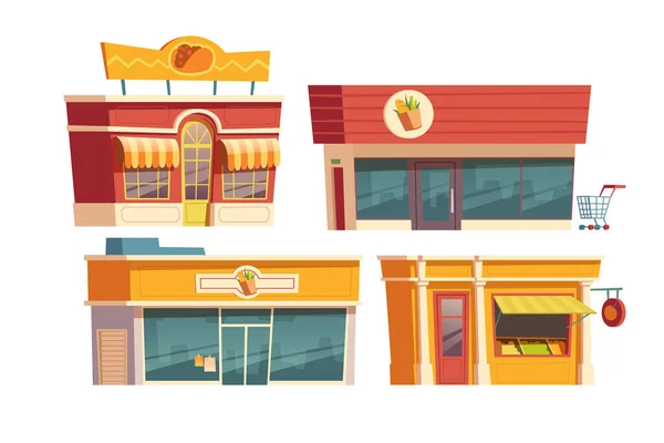 Restaurante de comida rápida y tiendas edificio de dibujos animados — Vector de stock