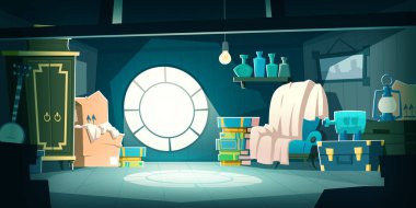 Geceleri eski mobilyalarla dolu tavan arası, çizgi film.