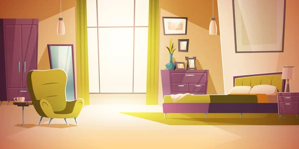 Schlafzimmer Cartoon, Doppelbett, Kleiderschrank — Stockvektor