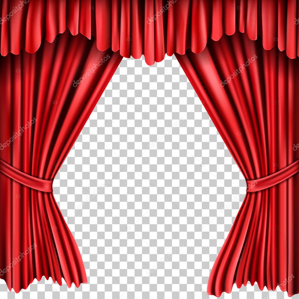 Open red silk fabric curtains, realistic