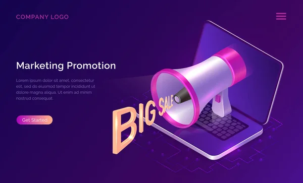 Concepto de promoción de marketing, megáfono isométrico — Vector de stock