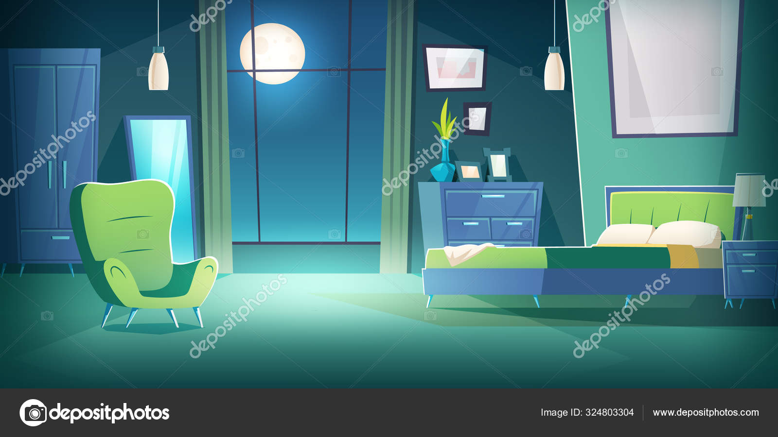 Bedroom interior at night with moonlight cartoon Stock Vector Image by  ©klyaksun #324803304
