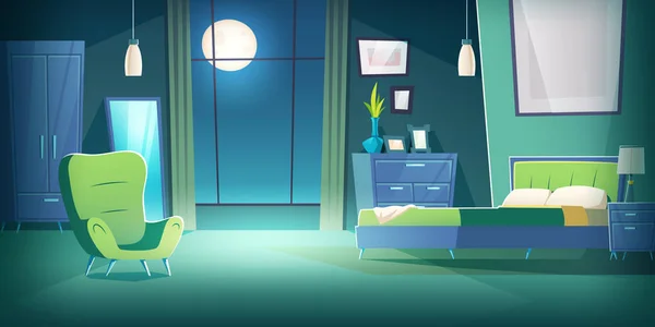 Chambre intérieure la nuit avec dessin animé clair de lune — Image vectorielle