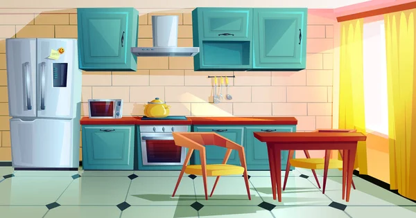 Cuisine intérieur witn meubles en bois dessin animé — Image vectorielle