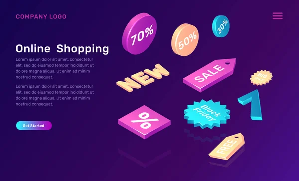 Compras en línea concepto isométrico con iconos de venta — Vector de stock