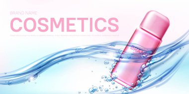 Pembe sprey şişesi su akışında kadın deodorantı