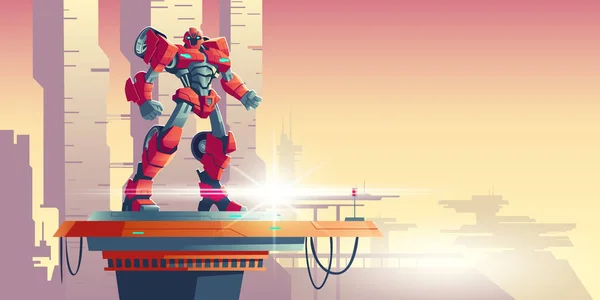 Червоний робот-трансформатор інопланетний загарбник на космічному кораблі — стоковий вектор
