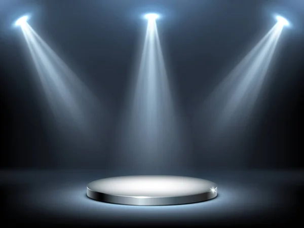 Round podium stage in spotlights rays, realistic — Stock Vector