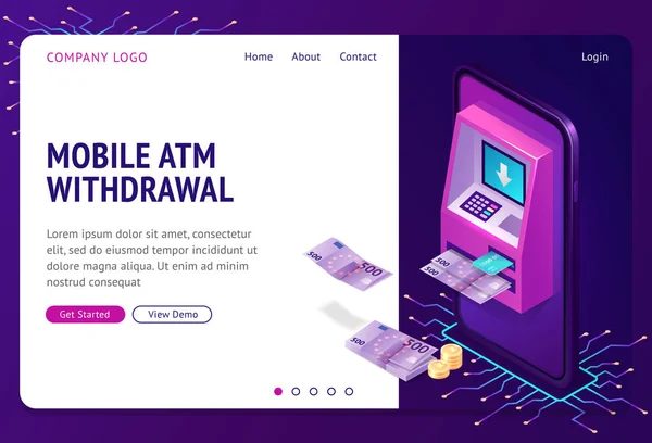 Mobile atm withdrawal isometric concept banner — 스톡 벡터