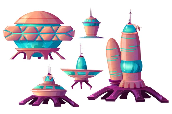 Space colonization, alien spaceships cartoon — Stock Vector