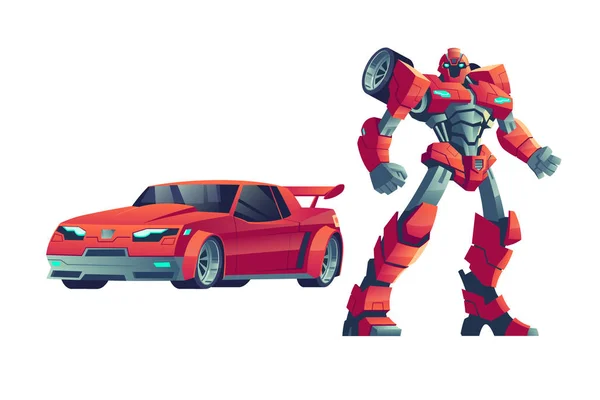 Transformador de robot rojo y coche, ilustración de dibujos animados — Vector de stock