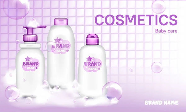 Baby cosmetic bottle design sabun bubbles realistis - Stok Vektor