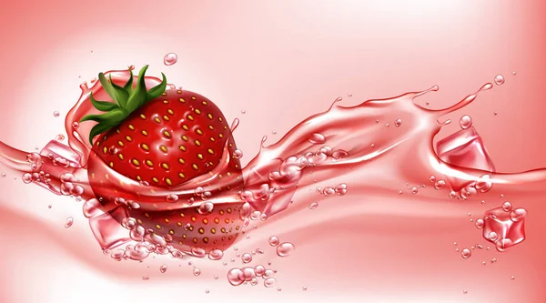 Fraise avec éclaboussure fluide de jus, réaliste — Image vectorielle