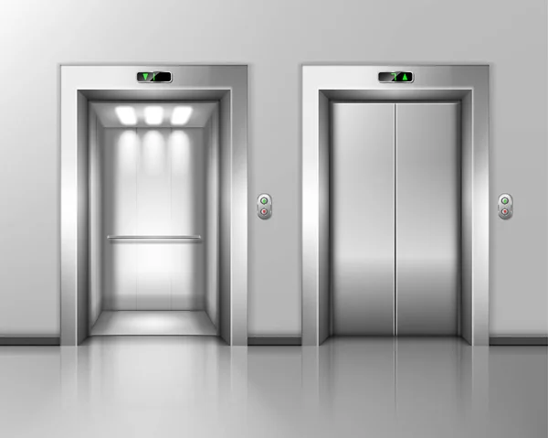 Lyft dörrar, hiss nära och öppna. hall interiör — Stock vektor